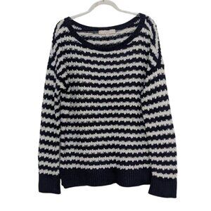 LOFT Stripe Crochet Knit Sweater Womens Size Large Blue White Nautical Casual